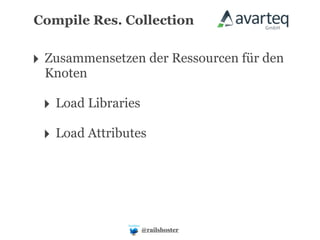 Compile Res. Collection


‣ Zusammensetzen der Ressourcen für den
 Knoten

 ‣ Load Libraries
 ‣ Load Attributes




                    @railshoster
 