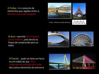 A Treliça – é o conjunto de 
elementos que, ligados entre si, 
formam uma rede triangular 
Treliça - Sistema cruzado de barras 
O Arco – permite criar espaços 
vazios maiores, pois desvia as 
forças de compressão para os 
lados. 
O Tirante - pode ser feito em ferro 
ou em cabos de aço. Estes 
sustentam os esforços de tração 
dos outros elementos da estrutura 
 