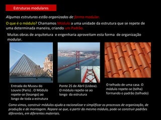 Estruturas modulares 
Algumas estruturas estão organizadas de forma modular. 
O que é o módulo? Chamamos Módulo a uma unidade da estrutura que se repete de 
uma determinada maneira, criando um Padrão. 
Muitas obras de arquitetura e engenharia aproveitam esta forma de organização 
modular. 
Entrada do Museu do 
Louvre (Paris) . O Módulo 
repete-se (losango) ao 
longo de toda a estrutura 
Ponte 25 de Abril (Lisboa). 
O módulo repete-se ao 
longo da estrutura 
O telhado de uma casa. O 
módulo repete-se (telha) 
formando o padrão (telhado) 
Como vimos, construir módulos ajuda a racionalizar e simplificar os processos de organização, de 
produção e de montagem. Repare-se que, a partir do mesmo módulo, pode-se construir padrões 
diferentes, em diferentes materiais. 
 