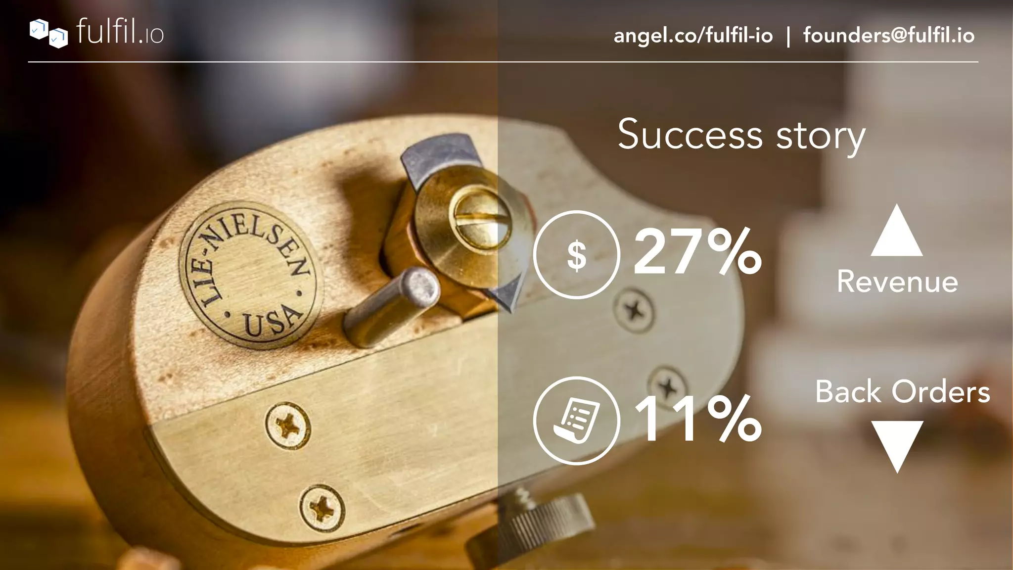 angel.co/fulfil-io | founders@fulfil.io
11%
27%$
angel.co/fulfil-io | founders@fulfil.io
Success story
Back Orders
Revenue