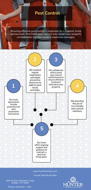 Pest Control
Ensuring effective pest control is important for a hygienic living
environment. Pest Infestation can not only render your property
uninhabitable but also result in expensive damages.
Our lease
agreements
include
provisions for
pest
prevention
and control.
Our team
offers ongoing
support and
guidance to
maintain a
pest-free
living space.
We conduct
regular
inspections
and adopt
preventive
measures to
address pest
issues
promptly.
We collaborate
with trusted
pest control
professionals to
ensure effective
treatment
tailored to your
property.
We prioritize
the use of
eco-friendly
pest control
solutions.
1
2 3
4
5
www.hunterrentals.com
Hunter Rentals & Sales
1503 W Stan Schlueter Loop,
Killeen, TX 76549
Phone: (254) 634 - 3311