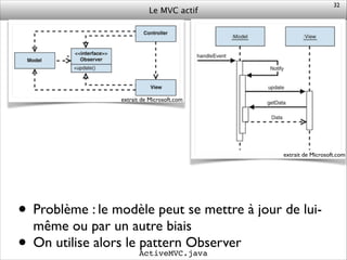 Le MVC actif
• Problème : le modèle peut se mettre à jour de lui-
même ou par un autre biais	

• On utilise alors le pattern Observer
32
extrait de Microsoft.com
extrait de Microsoft.com
ActiveMVC.java
 