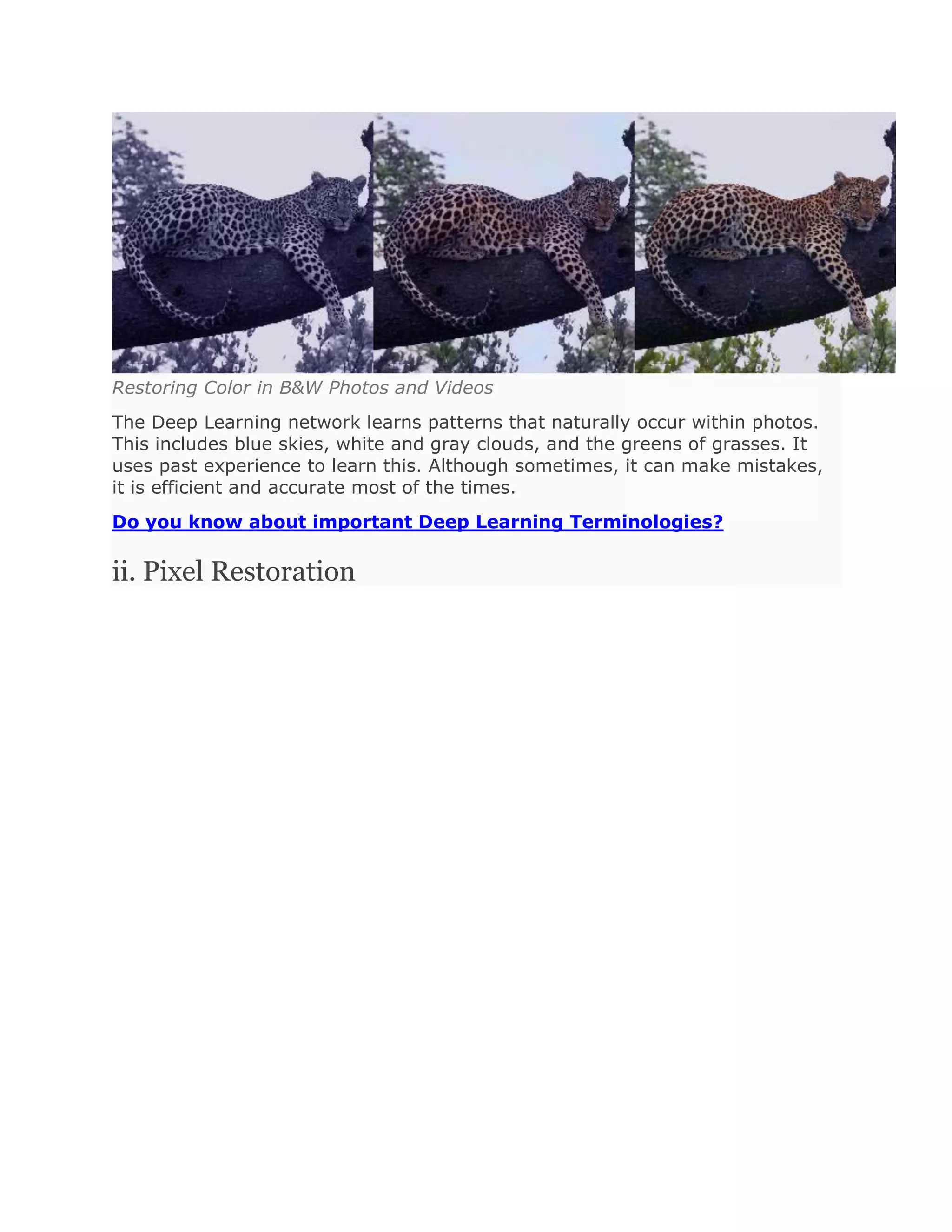 Restoring Color in B&W Photos and Videos
The Deep Learning network learns patterns that naturally occur within photos.
This includes blue skies, white and gray clouds, and the greens of grasses. It
uses past experience to learn this. Although sometimes, it can make mistakes,
it is efficient and accurate most of the times.
Do you know about important Deep Learning Terminologies?
ii. Pixel Restoration
 