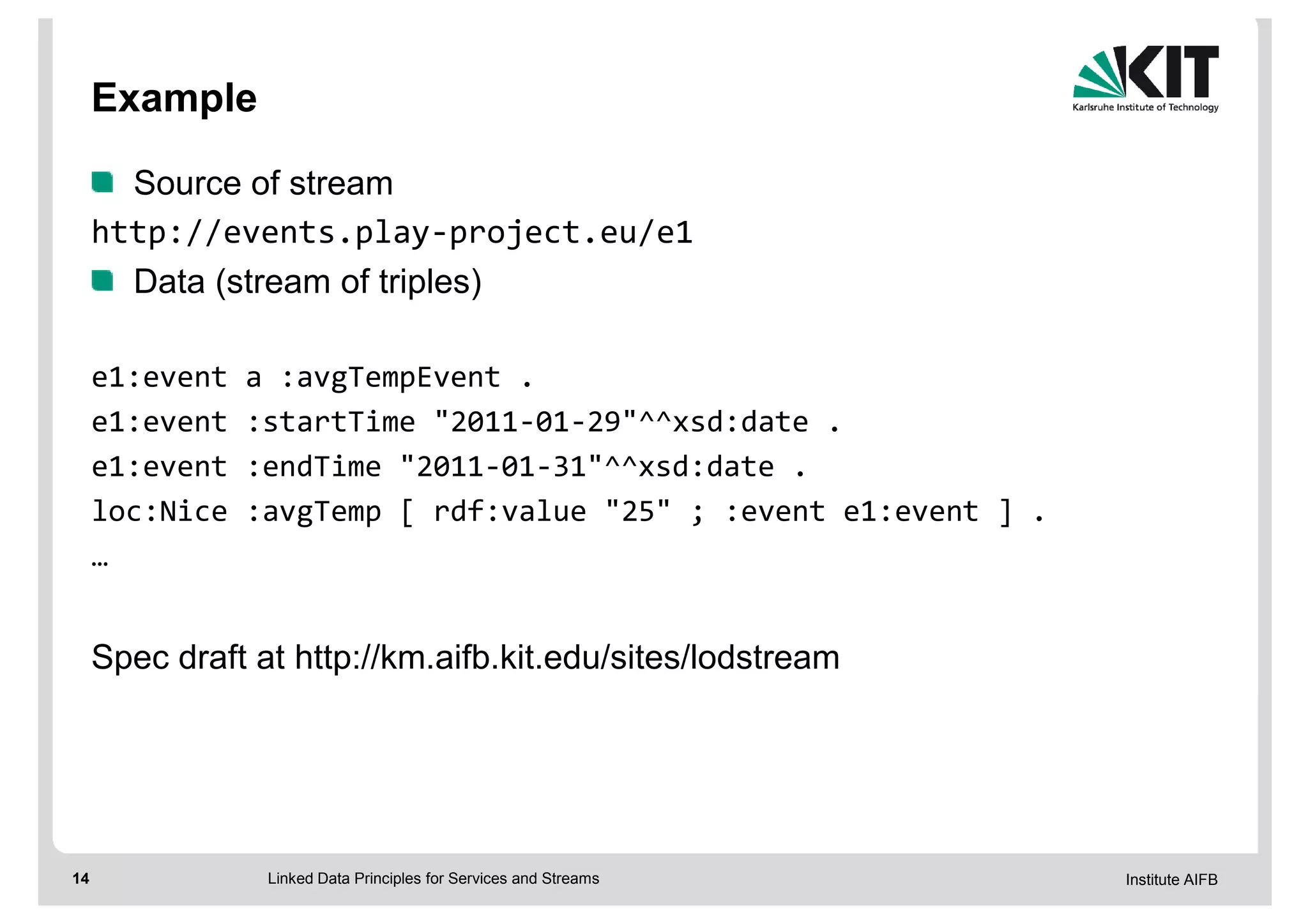 Example

       Source of stream
     http://events.play-project.eu/e1
       Data (stream of triples)

     e1:event   a :avgTempEvent .
     e1:event   :startTime "2011-01-29"^^xsd:date .
     e1:event   :endTime "2011-01-31"^^xsd:date .
     loc:Nice   :avgTemp [ rdf:value "25" ; :event e1:event ] .
     …


     Spec draft at http://km.aifb.kit.edu/sites/lodstream




14               Linked Data Principles for Services and Streams   Institute AIFB
 