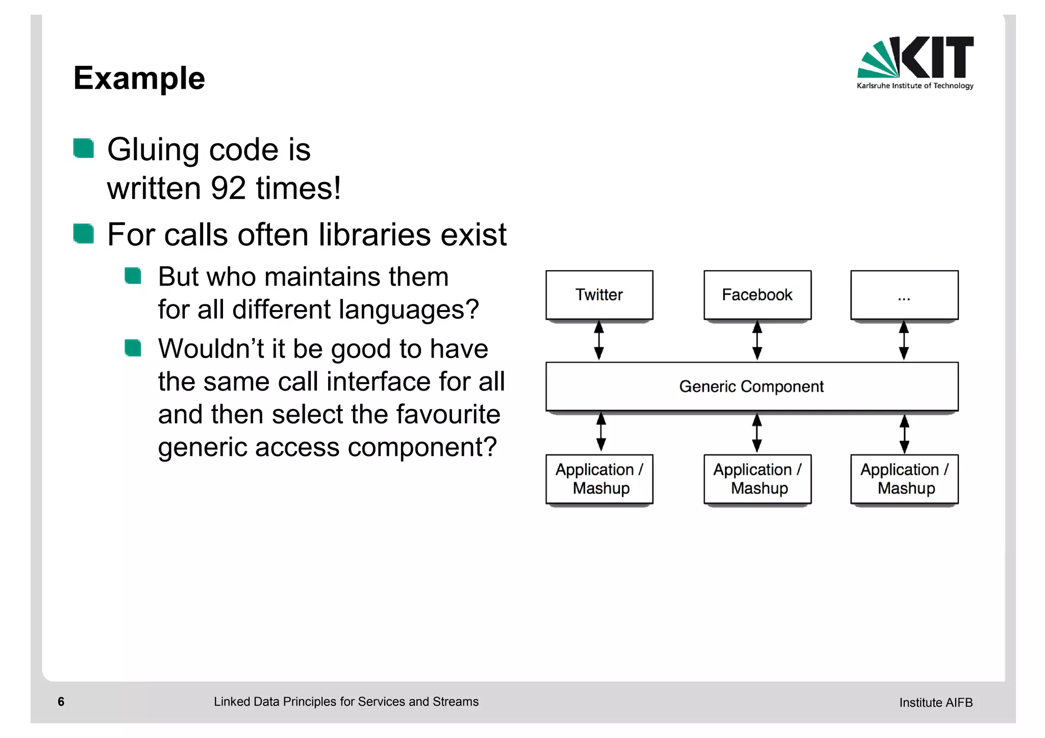 Example

     Gluing code is
     written 92 times!
     For calls often libraries exist
        But who maintains them
        for all different languages?
        Wouldn’t it be good to have
        the same call interface for all
        and then select the favourite
        generic access component?




6             Linked Data Principles for Services and Streams   Institute AIFB
 