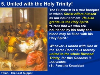 3. The Holy Trinity during Mass: “As a mother, I am always
at the side of my Son in every tabernacle on earth. Wherever the Son
is there is always present the Most Holy Trinity. At the side of every
tabernacle, there are all the angels, and all the saints.” (Gobbi)




  Tintoretto, The Last supper. 1561.
 