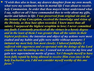5. United with the Holy Trinity!
                           “He brings you to
                           communion with the
                           Heavenly Father in his
                           Spirit of Love, and He
                           gives you his very own
                           divine life.” (Gobbi)
                           Whoever is united with
                           One of the Three Persons
                           is thereby united to the
                           whole Blessed Trinity, for
                           this Oneness is
                           indivisible.
Titian, The Last Supper.   (St. Faustina Kowalska)
 
