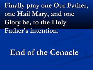    “In order to dispose thyself day by day for holy Communion thou
    shouldst apply whatever thou performest in these exercises; imitate
    also the other works practices, which thou hast come to know of me.
    If the Mother of Him whom I was to receive, deemed myself
    unworthy of Communion and by so many means sought the purity
    necessary for such a Sacrament, consider what thou must do, so
    poor and subject to so many miseries and imperfections! Purify the
    temple of thy interior, scrutinizing it by the divine light and
    adorning it with great virtues, since it is the eternal God, whom thou
    art to receive; One, of whom nobody but Himself is worthy. Above
    all I exhort thee to call upon me and ask me to help thee; for thou
    must know, that I am the special Advocate and Protectress of those,
    who desire to arrive at great purity for receiving holy Communion .
    Whenever they invoke me for this purpose, I present myself before
    the throne of the Most High, and, as one well knowing the
    disposition required for harboring God himself, I ask this favor and
    grace for those who are about to receive Him in the holy Sacrament.
    I have not lost in heaven the solicitude and zeal which I exhibited
    upon earth. Having asked me, proceed to ask also the intercession
    of the angels, for they also are very anxious to see souls approach
    the holy Eucharist with great devotion and purity. Invoke the
    intercession of the angels and saints to obtain grace from the Lord.
    ” (Our Lady Spoke to Mary of Agreda. Spain)
 