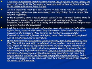 The ( National ) Rosary          For the Evangelization of
    (Nations)
1. Fatima Prayer: To Eucharistic Jesus, source of all
    evangelization.
   “O my Jesus, forgive us our sins, save us from the fires of
    hell, lead all souls to heaven, especially those who are in
    most need of thy mercy.”

2. Invocation of the Holy Spirit: Principal agent of
    evangelization.
   “Come, Holy Spirit! Fill the hearts of the (National) people
    and enkindle in them the fire of your love! Come by means
    of the powerful intercession of the Immaculate Heart of
    Mary, your well-beloved Spouse.”

3. Prayer to Our Lady of ( Nation ): Star of the new
   evangelization.
   “Hail Holy Queen, Mother of (Nation), come and present the
   (National) people to Jesus, the fruit of thy womb.
    Look upon them continually with mercy and through your
 