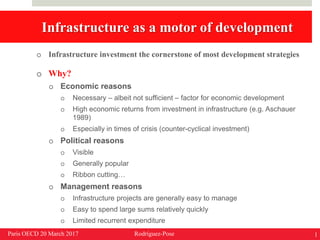 Infrastructure as a motor of development
o Infrastructure investment the cornerstone of most development strategies
o Why?
o Economic reasons
o Necessary – albeit not sufficient – factor for economic development
o High economic returns from investment in infrastructure (e.g. Aschauer
1989)
o Especially in times of crisis (counter-cyclical investment)
o Political reasons
o Visible
o Generally popular
o Ribbon cutting…
o Management reasons
o Infrastructure projects are generally easy to manage
o Easy to spend large sums relatively quickly
o Limited recurrent expenditure
1Paris OECD 20 March 2017 Rodríguez-Pose
 