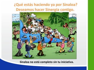 ¿Qué estás haciendo ya por Sinaloa?
 Deseamos hacer Sinergia contigo.




   Sinaloa no está completo sin tu iniciativa.
 