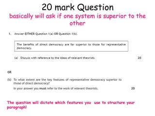 20 mark Question
basically will ask if one system is superior to the
other
The question will dictate which features you use to structure your
paragraph!
 