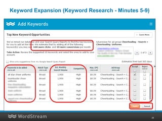 Keyword Expansion (Keyword Research - Minutes 5-9)


• Use Keyword Suggestion Tools to figure out new
  keyword opportunities that you may be missing out
  on
• Review your Search Query Data to uncover
  promising keywords that you’re broad matching to.
• Determine if the new keyword idea is worth adding
  or not
• Determine where to place the new keyword
• Make sure the addition of the keyword won’t break
  anything
• Total Time Taken: Numerous Hours / Week - Forever


                                                     25
 