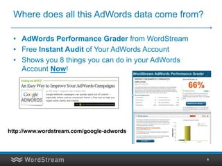 Where does all this AdWords data come from?

 • AdWords Performance Grader from WordStream
 • Free Instant Audit of Your AdWords Account
 • Shows you 8 things you can do in your AdWords
   Account Now!




http://www.wordstream.com/google-adwords



                                                   9
 