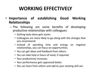 WORKING EFFECTIVELY
• Importance of establishing Good Working
Relationships
– The following are some benefits of developing
productive relationships with colleagues:
• Getting tasks done gets easier.
• Colleagues are more likely to go along with the changes that
you recommend.
• Instead of spending time and energy on negative
relationships, you can focus on opportunities.
• You can get ideas and feedback from others.
• You can take help in hours of need, if required.
• Your productivity increases.
• Your performance gets appraised better.
• You can learn from others and add to your existing skill-set.
 