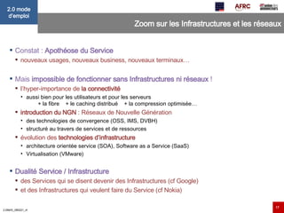 Zoom sur les Infrastructures et les réseaux Constat :  Apothéose du Service nouveaux usages, nouveaux business, nouveaux terminaux… Mais  impossible de fonctionner sans Infrastructures ni réseaux  ! l’hyper-importance de  la connectivité  aussi bien pour les utilisateurs et pour les serveurs  + la fibre  + le caching distribué  + la compression optimisée… introduction du NGN  : Réseaux de Nouvelle Génération des technologies de convergence (OSS, IMS, DVBH) structuré au travers de services et de ressources évolution des  technologies d’infrastructure architecture orientée service (SOA), Software as a Service (SaaS) Virtualisation (VMware) Dualité Service / Infrastructure des Services qui se disent devenir des Infrastructures (cf Google) et des Infrastructures qui veulent faire du Service (cf Nokia) 