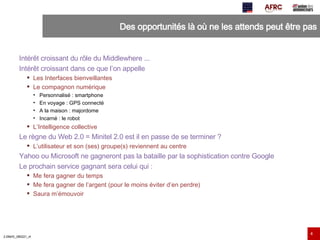 Des opportunités là où ne les attends peut être pas Intérêt croissant du rôle du Middlewhere ... Intérêt croissant dans ce que l’on appelle  Les Interfaces bienveillantes Le compagnon numérique Personnalisé : smartphone En voyage : GPS connecté A la maison : majordome Incarné : le robot L’Intelligence collective Le règne du Web 2.0 = Minitel 2.0 est il en passe de se terminer ? L’utilisateur et son (ses) groupe(s) reviennent au centre Yahoo ou Microsoft ne gagneront pas la bataille par la sophistication contre Google Le prochain service gagnant sera celui qui : Me fera gagner du temps Me fera gagner de l’argent (pour le moins éviter d’en perdre) Saura m’émouvoir 
