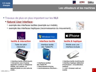 Les utilisateurs et les machines Travaux de plus en plus important sur les  NUI Natural User Interface  :  exemple des interfaces tactiles (exemple sur mobile),  exemple des interfaces haptiques (reconnaissance du mouvement)… interface tactile Interface tactile des Tablet-PC + interfaces tactiles  des Tablet PC  + retournement d’écran,  + reconnaissance d’écriture… + Interface tactile (multi-touch)  + Interaction avec d’autres appareils comme un téléphone mobile, une caméra, un appareil photo ou une carte de crédit… tactile & interaction Table de salon interactive tactile & haptique Mobile avec une  interface évoluée + Interface tactile (multi-touch) + Interface haptique (détection d’inclinaison /. d’accélération rotative) + « vrai » browser web sur mobile 