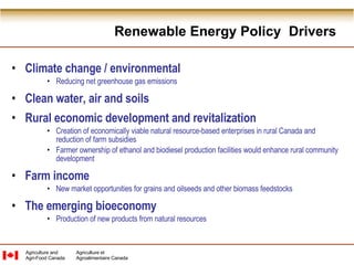 Climate change / environmental Reducing net greenhouse gas emissions Clean water, air and soils   Rural economic development and revitalization Creation of economically viable natural resource-based enterprises in rural Canada and reduction of farm subsidies Farmer ownership of ethanol and biodiesel production facilities would enhance rural community development Farm income New market opportunities for grains and oilseeds and other biomass feedstocks The emerging bioeconomy Production of new products from natural resources Renewable Energy Policy  Drivers Agriculture and Agri-Food   Canada Agriculture et  Agroalimentaire Canada 