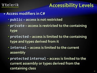 Accessibility Levels 
 Access modifiers in C# 
 public – access is not restricted 
 private – access is restricted to the containing 
type 
 protected – access is limited to the containing 
type and types derived from it 
 internal – access is limited to the current 
assembly 
 protected internal – access is limited to the 
current assembly or types derived from the 
containing class 
17 
 