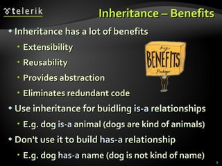 Inheritance – Benefits Inheritance has a lot of benefits Extensibility  Reusability Provides abstraction Eliminates redundant code Use inheritance for buidling  is-a  relationships E.g. dog  is-a  animal (dogs are kind of animals) Don't use it to build  has-a   relationship E.g. dog  has-a  name (dog is not kind of name) 