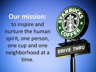Our mission:
to inspire and
nurture the human
spirit, one person,
one cup and one
neighborhood at a
time.

 