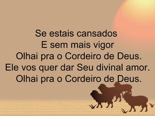 Se estais cansados  E sem mais vigor  Olhai pra o Cordeiro de Deus. Ele vos quer dar Seu divinal amor.  Olhai pra o Cordeiro de Deus. 