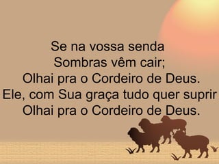 Se na vossa senda  Sombras vêm cair;  Olhai pra o Cordeiro de Deus. Ele, com Sua graça tudo quer suprir  Olhai pra o Cordeiro de Deus. 