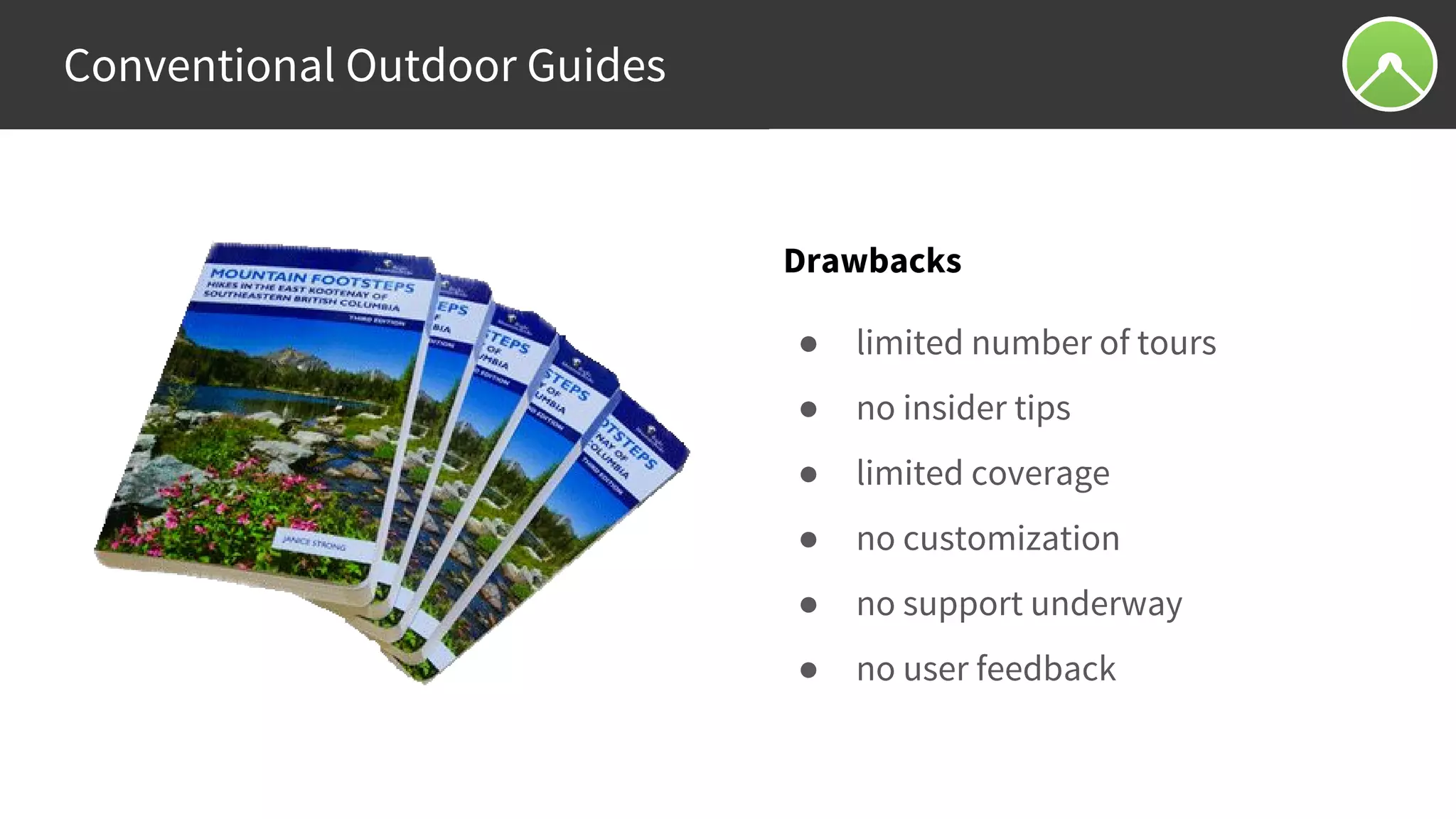 Conventional Outdoor Guides
Drawbacks
● limited number of tours
● no insider tips
● limited coverage
● no customization
● no support underway
● no user feedback
 