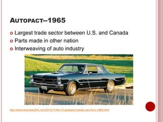 AUTOPACT--1965
 Largest trade sector between U.S. and Canada
 Parts made in other nation
 Interweaving of auto industry
http://www.technews24h.com/2012/11/the-10-greatest-muscle-cars-from-1965.html
 