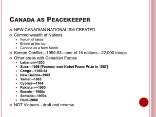 CANADA AS PEACEKEEPER
 NEW CANADIAN NATIONALISM CREATED
 Commonwealth of Nations
 Forum of ideas
 Britain at the top
 Canada as a New Model
 Korean Conflict—1950-53—one of 16 nations—22,000 troops
 Other areas with Canadian Forces
 Lebanon--1953
 Suez—1956 [Pearson won Nobel Peace Prize in 1957]
 Congo—1960-64
 New Guinea--1962
 Yemen--1963
 Cyprus—1964
 Pakistan—1965
 Bosnia—1980s
 Somalia—1990s
 Haiti--2000
 NOT Vietnam—draft and reverse
 