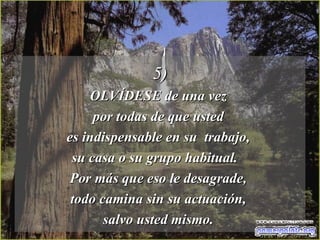 5) OLVÍDESE de una vez  por todas de que usted  es indispensable en su  trabajo,  su casa o su grupo habitual.  Por más que eso le desagrade,  todo camina sin su actuación,  salvo usted mismo.  
