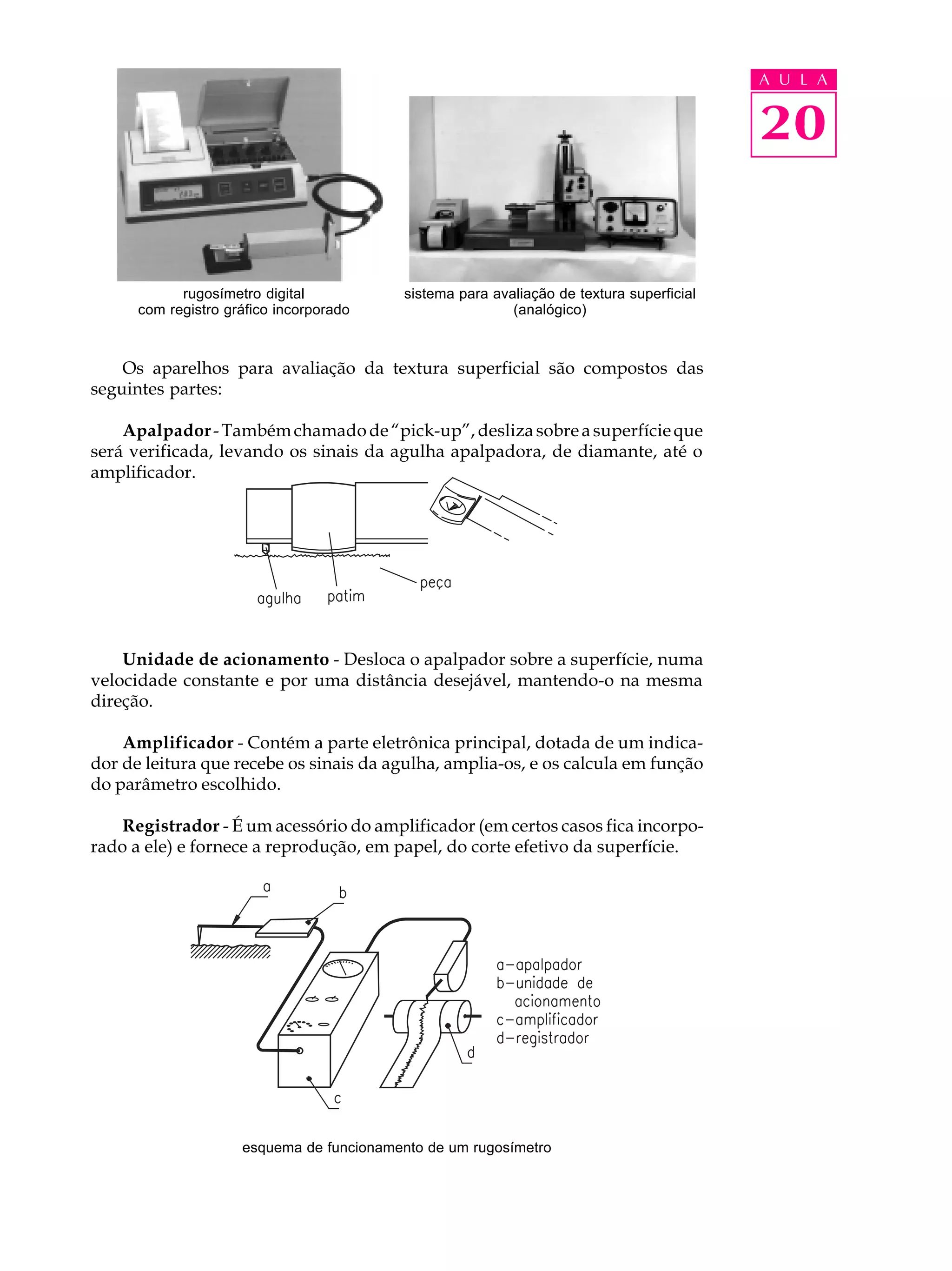 A U L A


                                                                                          20


            rugosímetro digital           sistema para avaliação de textura superficial
      com registro gráfico incorporado                    (analógico)



    Os aparelhos para avaliação da textura superficial são compostos das
seguintes partes:

    Apalpador - Também chamado de “pick-up”, desliza sobre a superfície que
será verificada, levando os sinais da agulha apalpadora, de diamante, até o
amplificador.




    Unidade de acionamento - Desloca o apalpador sobre a superfície, numa
velocidade constante e por uma distância desejável, mantendo-o na mesma
direção.

    Amplificador - Contém a parte eletrônica principal, dotada de um indica-
dor de leitura que recebe os sinais da agulha, amplia-os, e os calcula em função
do parâmetro escolhido.

    Registrador - É um acessório do amplificador (em certos casos fica incorpo-
rado a ele) e fornece a reprodução, em papel, do corte efetivo da superfície.




                     esquema de funcionamento de um rugosímetro
 