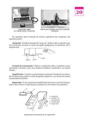 A U L A


                                                                                          20


            rugosímetro digital           sistema para avaliação de textura superficial
      com registro gráfico incorporado                    (analógico)



    Os aparelhos para avaliação da textura superficial são compostos das
seguintes partes:

    Apalpador - Também chamado de “pick-up”, desliza sobre a superfície que
será verificada, levando os sinais da agulha apalpadora, de diamante, até o
amplificador.




    Unidade de acionamento - Desloca o apalpador sobre a superfície, numa
velocidade constante e por uma distância desejável, mantendo-o na mesma
direção.

    Amplificador - Contém a parte eletrônica principal, dotada de um indica-
dor de leitura que recebe os sinais da agulha, amplia-os, e os calcula em função
do parâmetro escolhido.

    Registrador - É um acessório do amplificador (em certos casos fica incorpo-
rado a ele) e fornece a reprodução, em papel, do corte efetivo da superfície.




                     esquema de funcionamento de um rugosímetro
 
