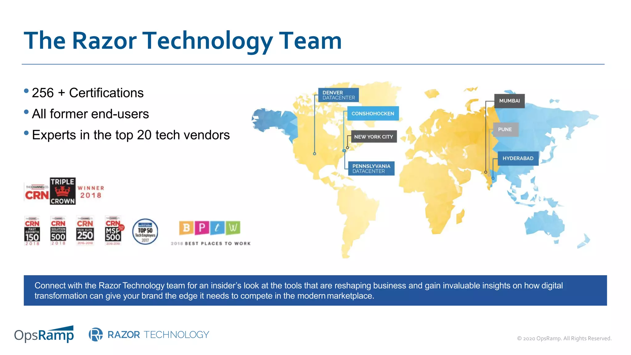 © 2020 OpsRamp. All Rights Reserved.
The Razor Technology Team
•256 + Certifications
•All former end-users
•Experts in the top 20 tech vendors
Connect with the Razor Technology team for an insider’s look at the tools that are reshaping business and gain invaluable insights on how digital
transformation can give your brand the edge it needs to compete in the modernmarketplace.
 
