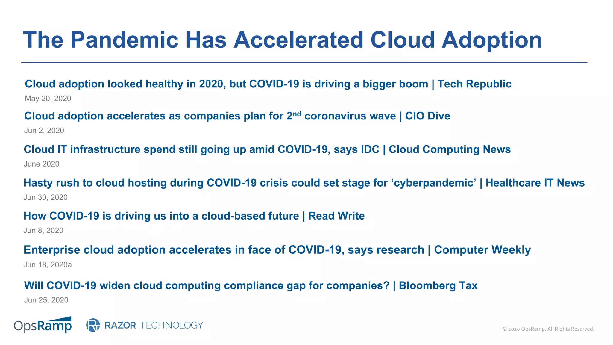 © 2020 OpsRamp. All Rights Reserved.
The Pandemic Has Accelerated Cloud Adoption
Cloud adoption looked healthy in 2020, but COVID-19 is driving a bigger boom | Tech Republic
May 20, 2020
Hasty rush to cloud hosting during COVID-19 crisis could set stage for ‘cyberpandemic’ | Healthcare IT News
Jun 30, 2020
Cloud adoption accelerates as companies plan for 2nd coronavirus wave | CIO Dive
Jun 2, 2020
Cloud IT infrastructure spend still going up amid COVID-19, says IDC | Cloud Computing News
June 2020
How COVID-19 is driving us into a cloud-based future | Read Write
Jun 8, 2020
Will COVID-19 widen cloud computing compliance gap for companies? | Bloomberg Tax
Jun 25, 2020
Enterprise cloud adoption accelerates in face of COVID-19, says research | Computer Weekly
Jun 18, 2020a
 