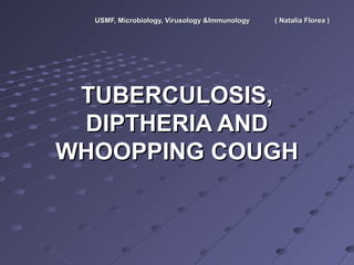 USMF, Microbiology, Virusology &Immunology   ( Natalia Florea )




 TUBERCULOSIS,
 DIPTHERIA AND
WHOOPPING COUGH
 