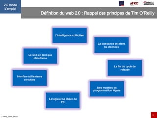 Définition du web 2.0 : Rappel des principes de Tim O’Reilly  Le web en tant que plateforme L’intelligence collective  Interface utilisateurs enrichies La puissance est dans les données Des modèles de programmation légers Le logiciel se libère du PC La fin du cycle de release 