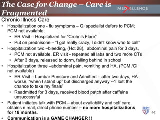 The Case for Change – Care is
Fragmented
Chronic Illness Care
• Hospitalization one - flu symptoms – GI specialist defers to PCM;
  PCM not available;
   • ER Visit – Hospitalized for “Crohn’s Flare”
   • Put on prednisone – “I got really crazy, I didn't know who to call”
• Hospitalization two –bleeding, (Hct 28), abdominal pain for 3 days,
   • PCM not available, ER visit - repeated all labs and two more CTs
   • After 3 days, released to dorm, falling behind in school
• Hospitalization three –abdominal pain, vomiting and HA, (PCM /GI
  not available)
   • ER Visit – Lumbar Puncture and Admitted – after two days, HA
      worse, “when I stand up” but discharged anyway --“I lost the
      chance to take my finals”
   • Readmitted for 3 days, received blood patch after caffeine
      unsuccessful
• Patient initiates talk with PCM – about availability and self care,
  obtains e mail, direct phone number – no more hospitalizations
  for 18 months.                                                           6-2

• Communication is a GAME CHANGER !!
 