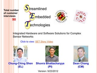 Total number      S treamlined
                    E mbedded
of customer
interviews
      90
                  T echnologies
       Integrated Hardware and Software Solutions for Complex
       Sensor Networks
               Click to view: SET Story Video




   Chung-Ching Shen          Shuvra Bhattacharyya     Dean Chang
         (EL)                        (PI)                (CM)
                               Version: 5/23/2012
 