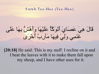 Surah Taa-Haa (Taa-Haa) قَالَ هِيَ عَصَايَ أَتَوَكَّأُ عَلَيْهَا وَأَهُشُّ بِهَا عَلَى غَنَمِي وَلِيَ فِيهَا مَآرِبُ أُخْرَى  [20:18]  He said: This is my staff: I recline on it and I beat the leaves with it to make them fall upon my sheep, and I have other uses for it.  