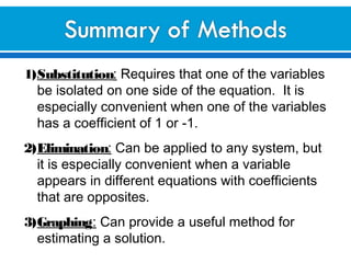 1)Substitution: Requires that one of the variables
be isolated on one side of the equation. It is
especially convenient when one of the variables
has a coefficient of 1 or -1.
2)Elimination: Can be applied to any system, but
it is especially convenient when a variable
appears in different equations with coefficients
that are opposites.
3)Graphing: Can provide a useful method for
estimating a solution.
 