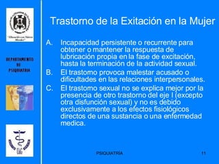Trastorno de la Exitación en la Mujer Incapacidad persistente o recurrente para obtener o mantener la respuesta de lubricación propia en la fase de excitación, hasta la terminación de la actividad sexual.  El trastorno provoca malestar acusado o dificultades en las relaciones interpersonales.  El trastorno sexual no se explica mejor por la presencia de otro trastorno del eje I (excepto otra disfunción sexual) y no es debido exclusivamente a los efectos fisiológicos directos de una sustancia o una enfermedad medica.  