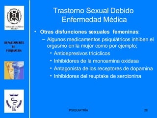 Otras disfunciones sexuales  femeninas : Algunos medicamentos psiquiátricos inhiben el orgasmo en la mujer como por ejemplo; Antidepresivos tricíclicos Inhibidores de la monoamina oxidasa  Antagonista de los receptores de dopamina  Inhibidores del reuptake de serotonina Trastorno Sexual Debido  Enfermedad Médica 