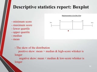Descriptive statistics report: Boxplot
34
- minimum score
- maximum score
- lower quartile
- upper quartile
- median
- mean
- The skew of the distribution
positive skew: mean > median & high-score whisker is
longer
negative skew: mean < median & low-score whisker is
longer
 