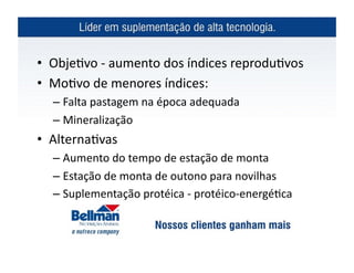 •  Obje?vo	
  -­‐	
  aumento	
  dos	
  índices	
  reprodu?vos	
  
•  Mo?vo	
  de	
  menores	
  índices:	
  
   – Falta	
  pastagem	
  na	
  época	
  adequada	
  
   – Mineralização	
  
•  Alterna?vas	
  
   – Aumento	
  do	
  tempo	
  de	
  estação	
  de	
  monta	
  
   – Estação	
  de	
  monta	
  de	
  outono	
  para	
  novilhas	
  
   – Suplementação	
  protéica	
  -­‐	
  protéico-­‐energé?ca	
  
 