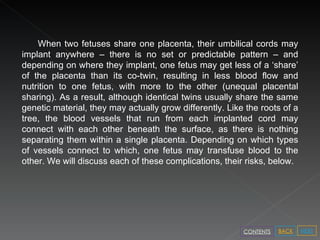 When two fetuses share one placenta, their umbilical cords may implant anywhere – there is no set or predictable pattern – and depending on where they implant, one fetus may get less of a ‘share’ of the placenta than its co-twin, resulting in less blood flow and nutrition to one fetus, with more to the other (unequal placental sharing). As a result, although identical twins usually share the same genetic material, they may actually grow differently. Like the roots of a tree, the blood vessels that run from each implanted cord may connect with each other beneath the surface, as there is nothing separating them within a single placenta. Depending on which types of vessels connect to which, one fetus may transfuse blood to the other. We will discuss each of these complications, their risks, below.  NEXT BACK CONTENTS 