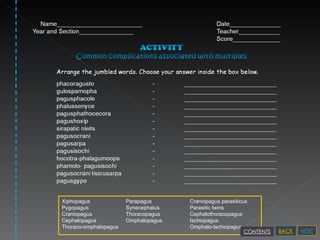 Xiphopagus Parapagus Craniopagus parasiticus Pygopagus Synecephalus Parasitic twins Craniopagus Thoracopagus  Cephalothoracopagus Cephalopagus Omphalopagus Ischiopagus Thoraco-omphalopagus Omphalo-Ischiopagus NEXT BACK CONTENTS 