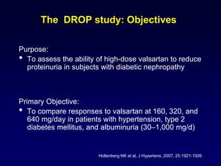 The DROP study: Objectives
Purpose:
• To assess the ability of high-dose valsartan to reduce
proteinuria in subjects with diabetic nephropathy
Primary Objective:
• To compare responses to valsartan at 160, 320, and
640 mg/day in patients with hypertension, type 2
diabetes mellitus, and albuminuria (30–1,000 mg/d)
Hollenberg NK et al, J Hypertens, 2007, 25:1921-1926
 