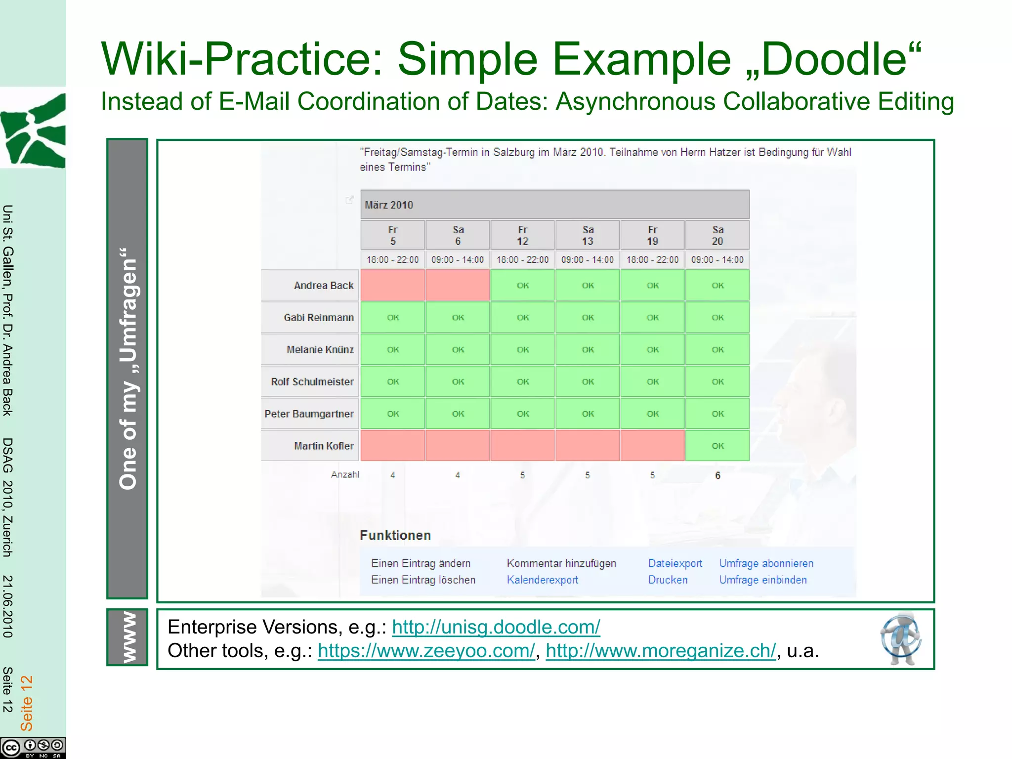 Wiki-Practice: Simple Example „Doodle“
                                                   Instead of E-Mail Coordination of Dates: Asynchronous Collaborative Editing
Uni St. Gallen, Prof. Dr. Andrea Back




                                                    One of my „Umfragen“
DSAG 2010, Zuerich
21.06.2010




                                                    www




                                                                           Enterprise Versions, e.g.: http://unisg.doodle.com/
                                                                           Other tools, e.g.: https://www.zeeyoo.com/, http://www.moreganize.ch/, u.a.
Seite 12

                                        Seite 12
 